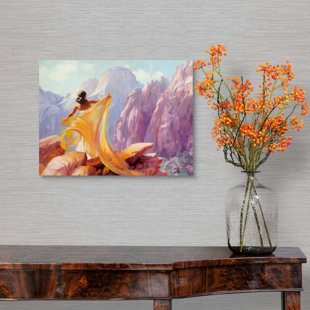 A traditional room featuring Traditional impressionist painting of a beautiful woman standing before the pink cliffs of Zion N...