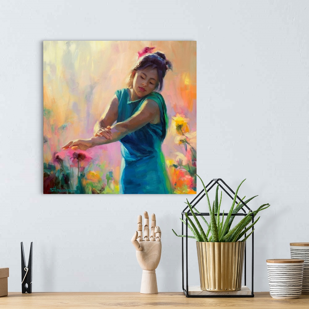 A bohemian room featuring Traditional impressionist painting an an Hispanic woman in a teal dress standing in a country gar...