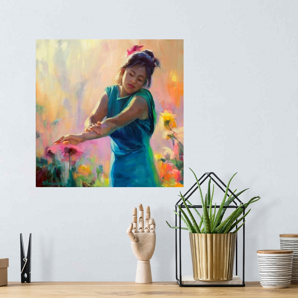 A bohemian room featuring Traditional impressionist painting an an Hispanic woman in a teal dress standing in a country gar...