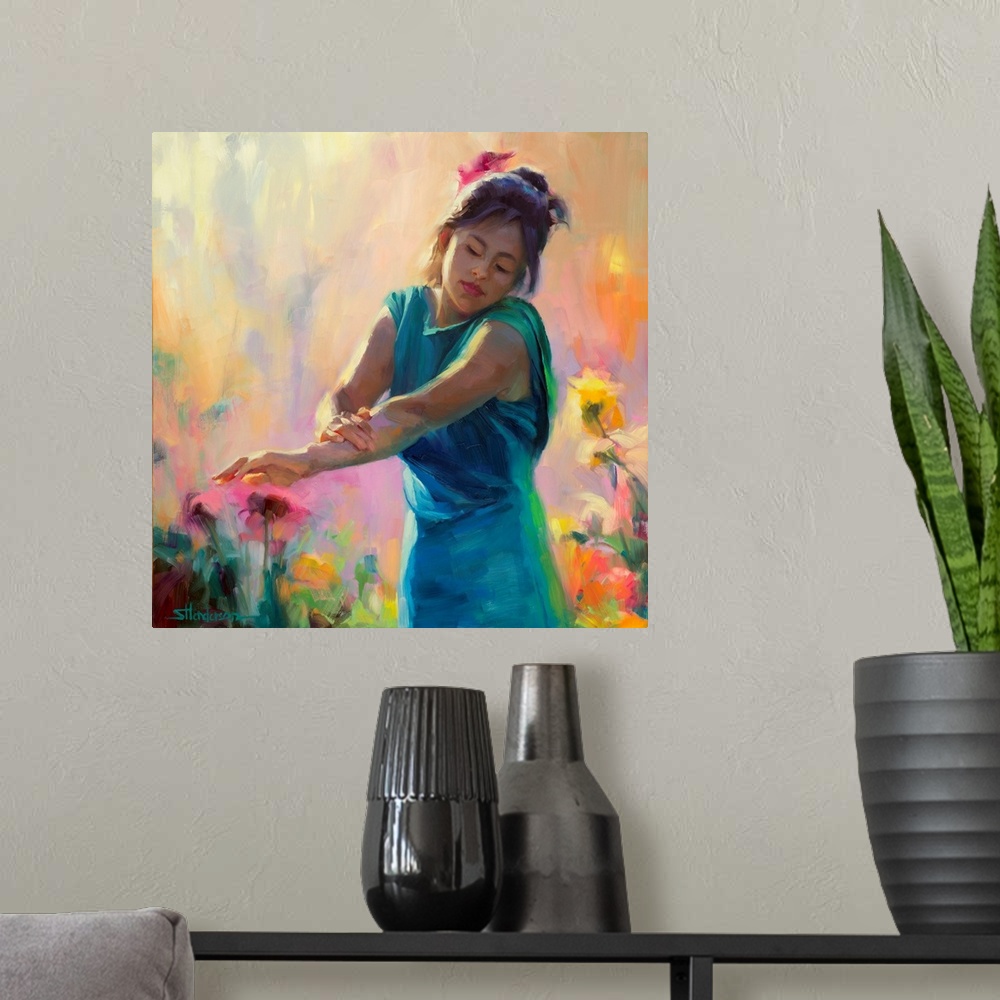 A modern room featuring Traditional impressionist painting an an Hispanic woman in a teal dress standing in a country gar...