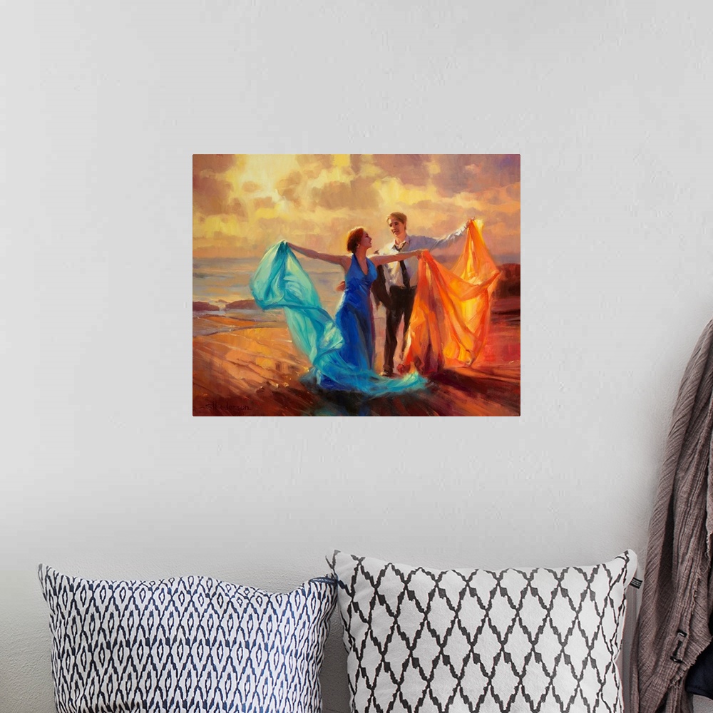 A bohemian room featuring Traditional representational painting of a man and woman dancing an impromptu waltz at sunset on ...