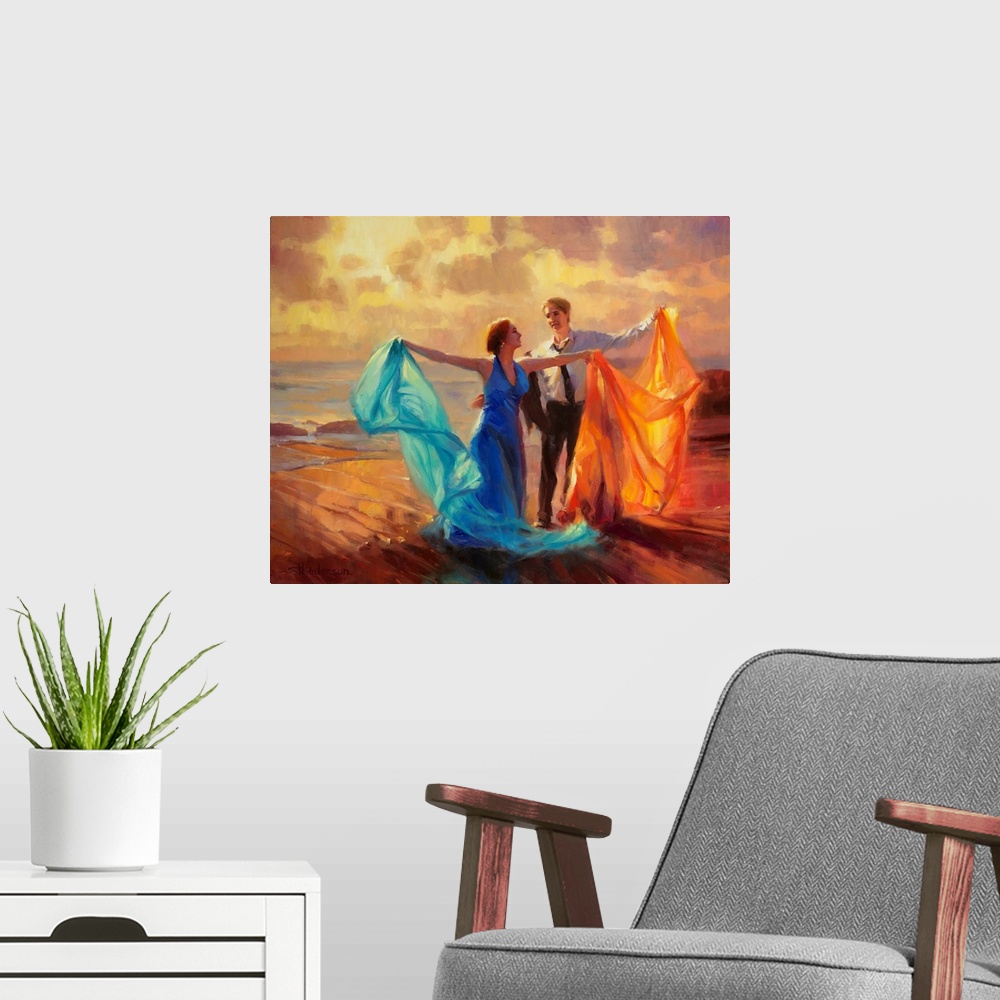A modern room featuring Traditional representational painting of a man and woman dancing an impromptu waltz at sunset on ...