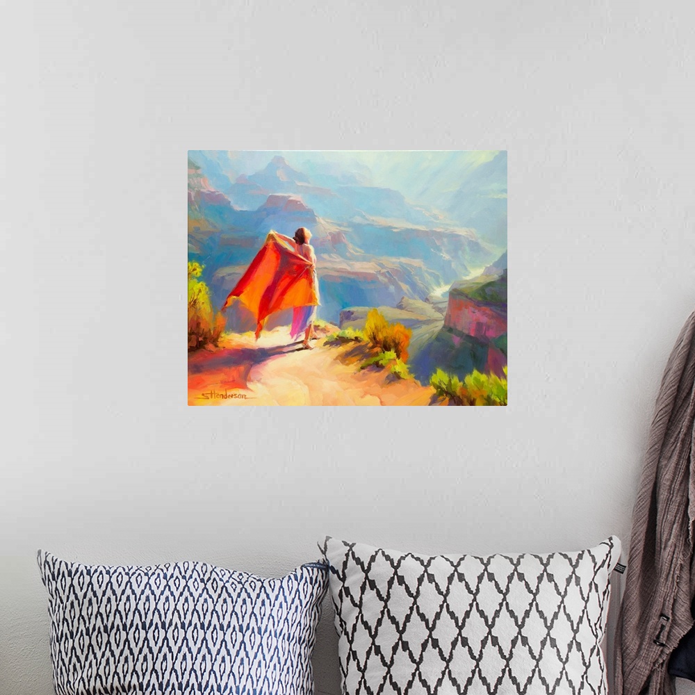 A bohemian room featuring Traditional impressionist painting of faerie sprite in the Grand Canyon, Arizona, greeting the mo...