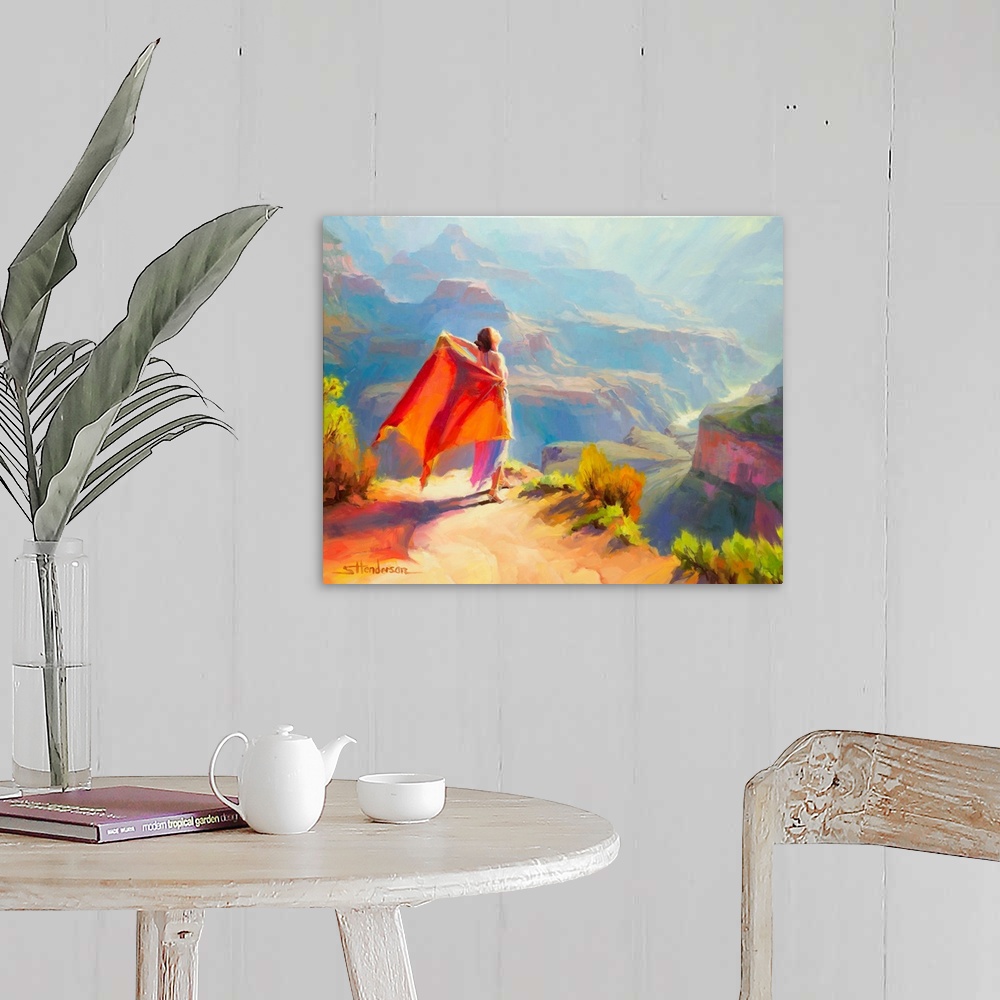 A farmhouse room featuring Traditional impressionist painting of faerie sprite in the Grand Canyon, Arizona, greeting the mo...