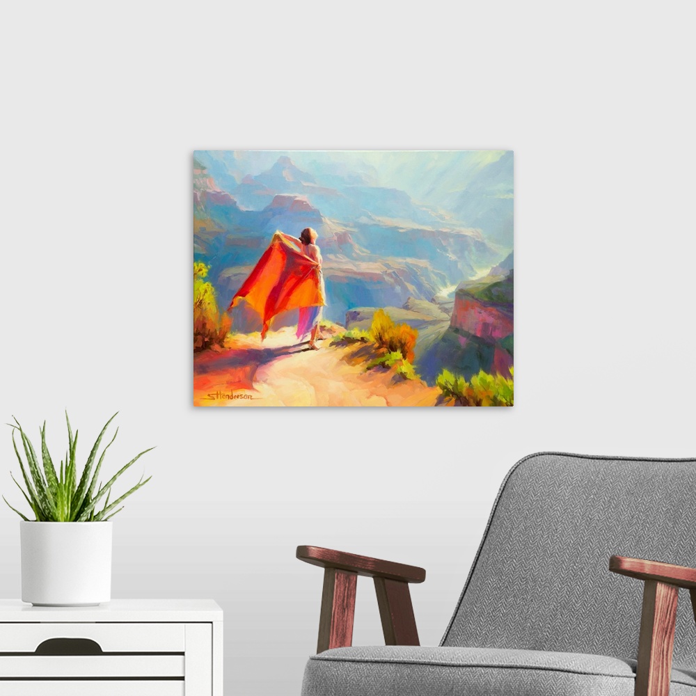 A modern room featuring Traditional impressionist painting of faerie sprite in the Grand Canyon, Arizona, greeting the mo...