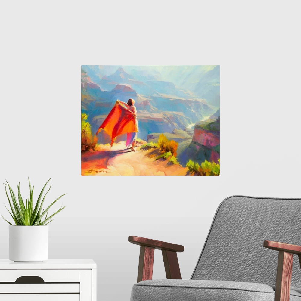 A modern room featuring Traditional impressionist painting of faerie sprite in the Grand Canyon, Arizona, greeting the mo...