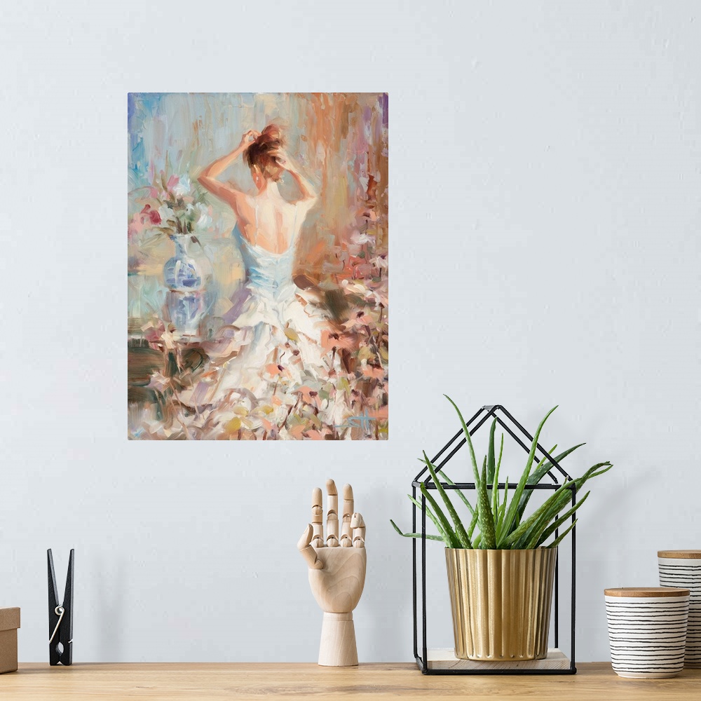 A bohemian room featuring Traditional impressionist painting of an elegant woman in her boudoir or bedroom, fixing her hair...
