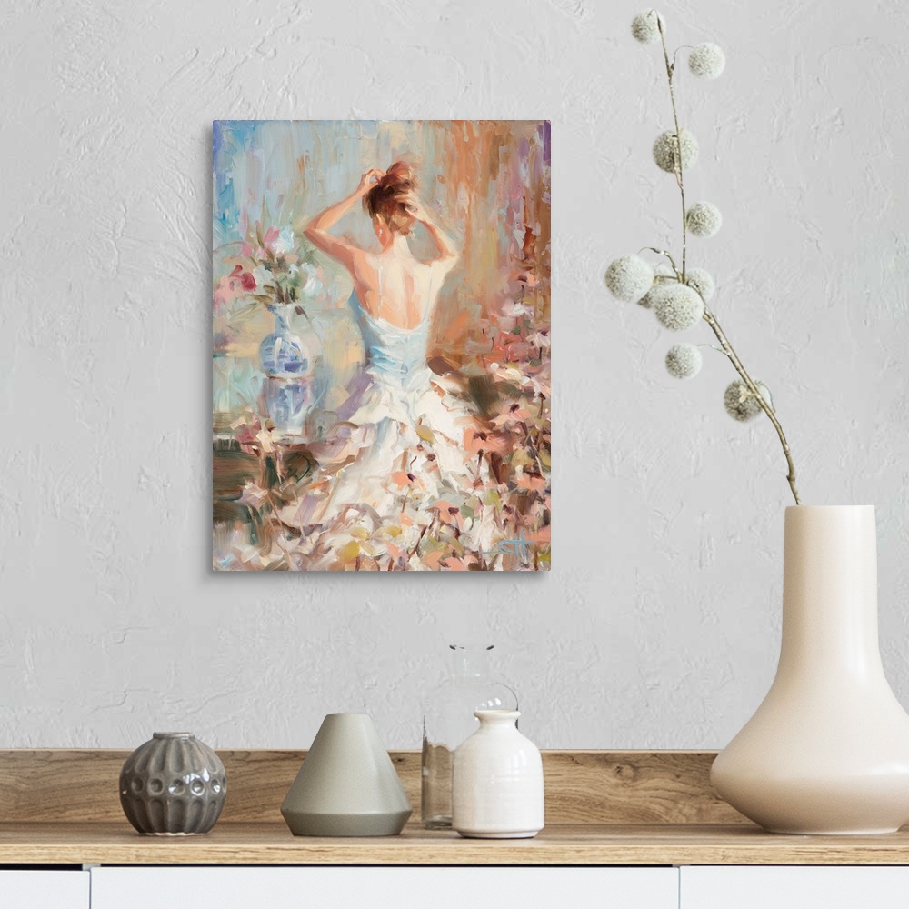 A farmhouse room featuring Traditional impressionist painting of an elegant woman in her boudoir or bedroom, fixing her hair...