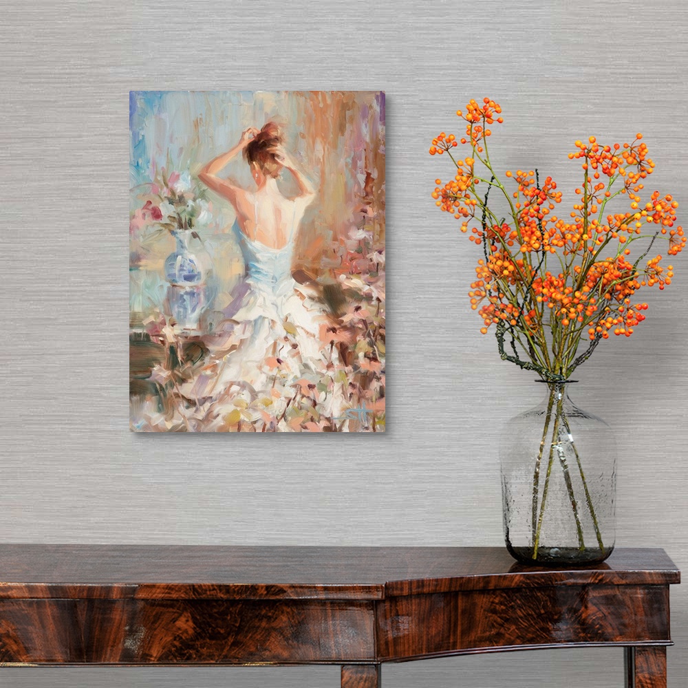 A traditional room featuring Traditional impressionist painting of an elegant woman in her boudoir or bedroom, fixing her hair...