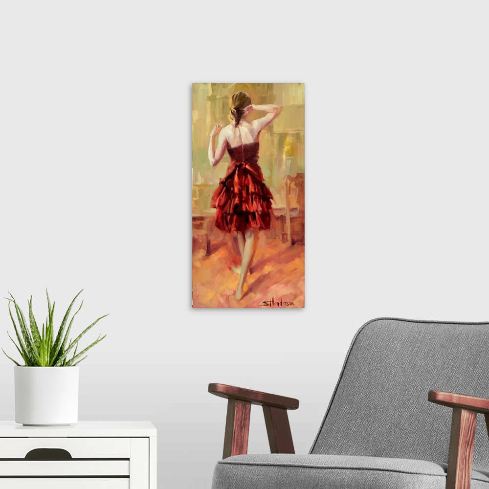 A modern room featuring Traditional impressionist painting of a young woman in a rust or copper colored dress, standing g...