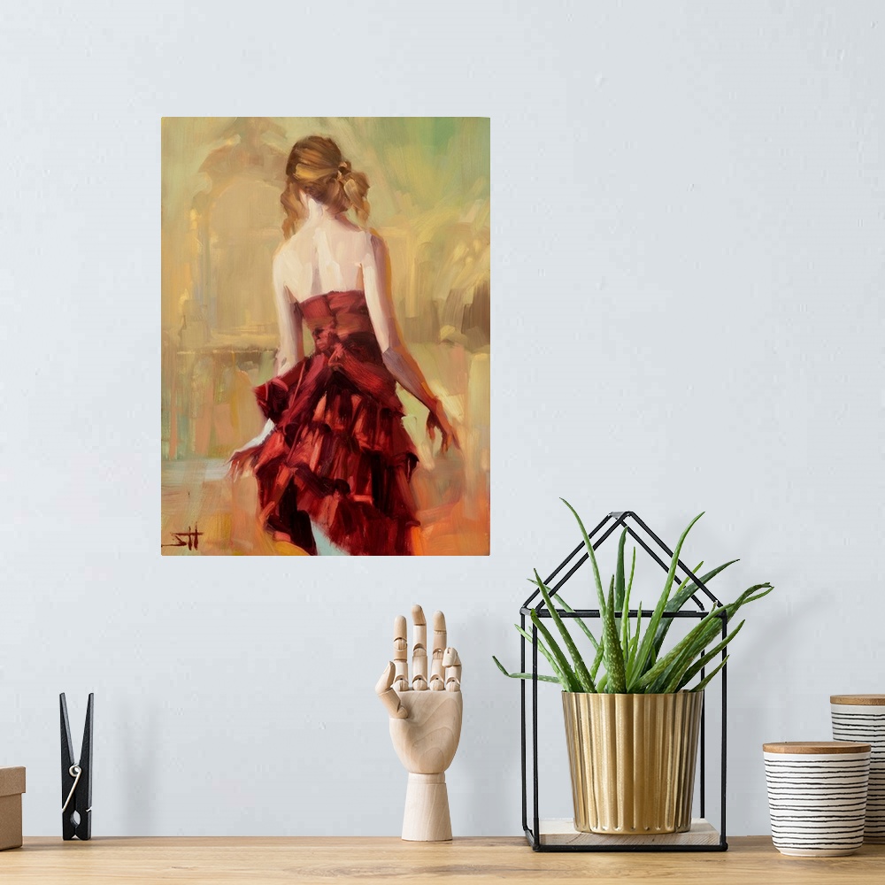 A bohemian room featuring Traditional impressionist painting of a young woman in a rust or copper colored dress, standing g...