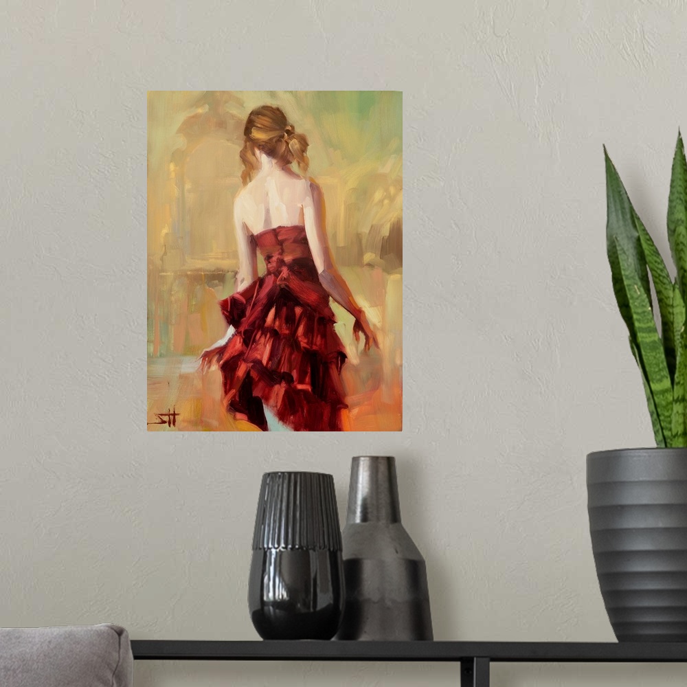 A modern room featuring Traditional impressionist painting of a young woman in a rust or copper colored dress, standing g...