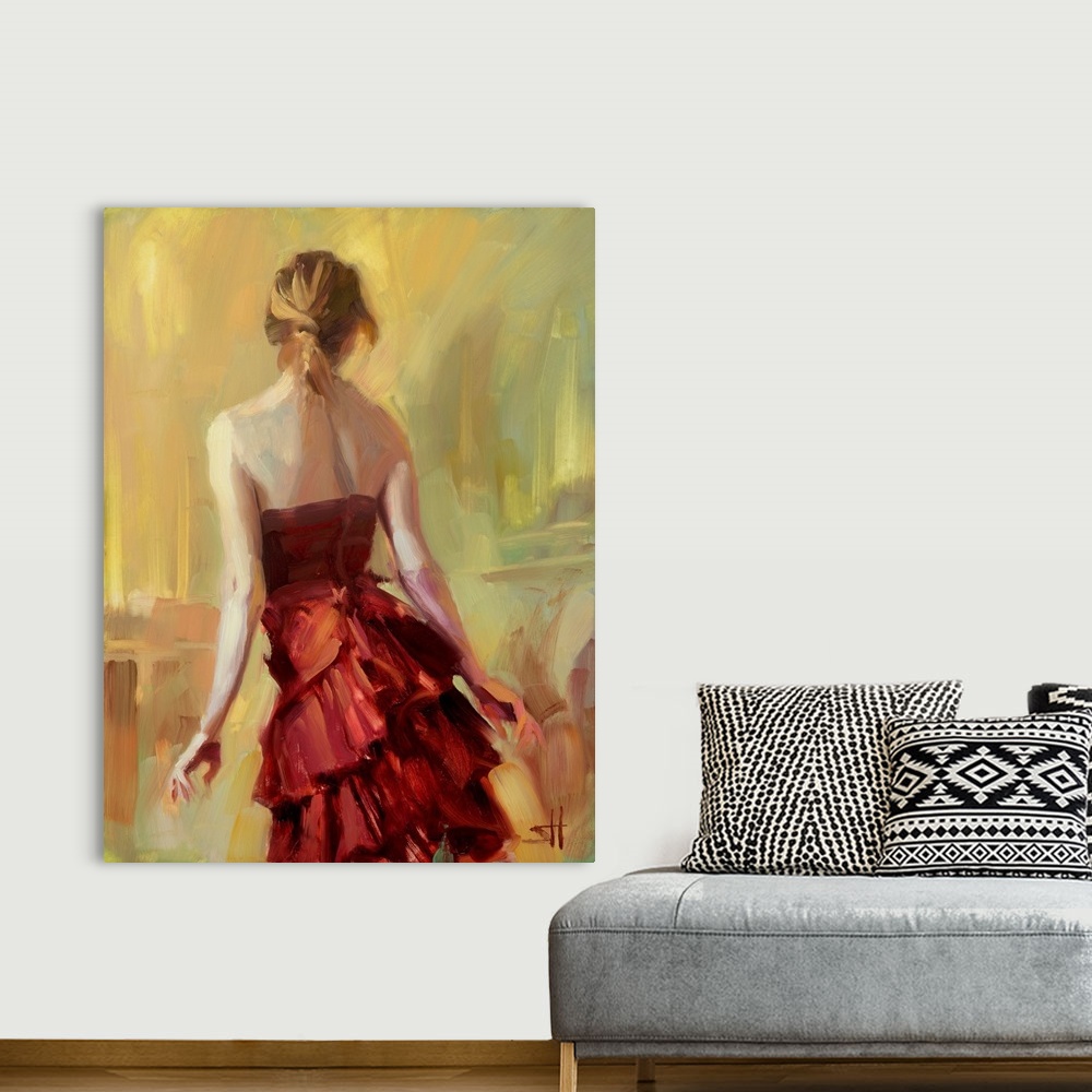 A bohemian room featuring Traditional impressionist painting of a young woman in a rust or copper colored dress, standing g...
