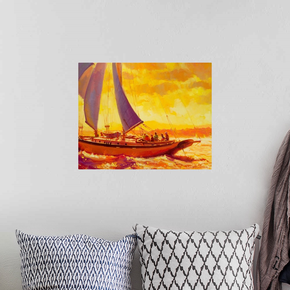 A bohemian room featuring Traditional representational painting of a sailboat full of friends, gliding through golden, glis...