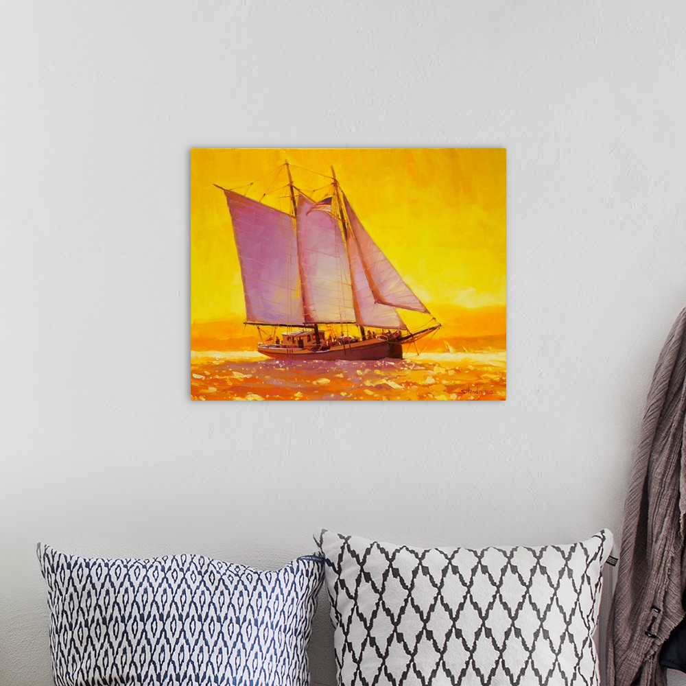 A bohemian room featuring Traditional representational painting of a sailboat gliding through golden, glistening water refl...