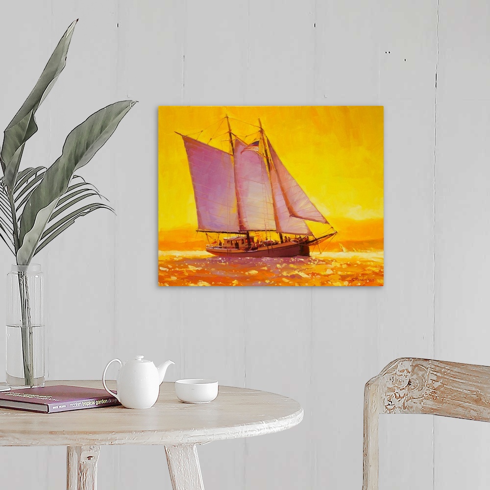 A farmhouse room featuring Traditional representational painting of a sailboat gliding through golden, glistening water refl...