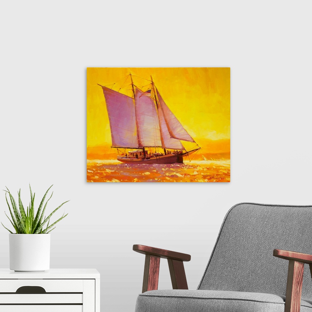 A modern room featuring Traditional representational painting of a sailboat gliding through golden, glistening water refl...