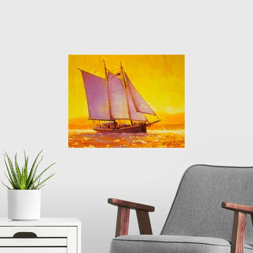 A modern room featuring Traditional representational painting of a sailboat gliding through golden, glistening water refl...