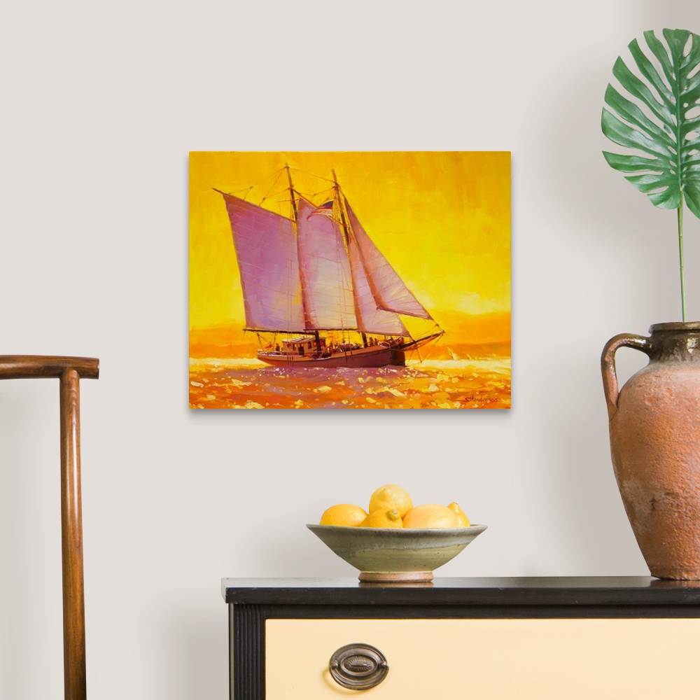 A traditional room featuring Traditional representational painting of a sailboat gliding through golden, glistening water refl...