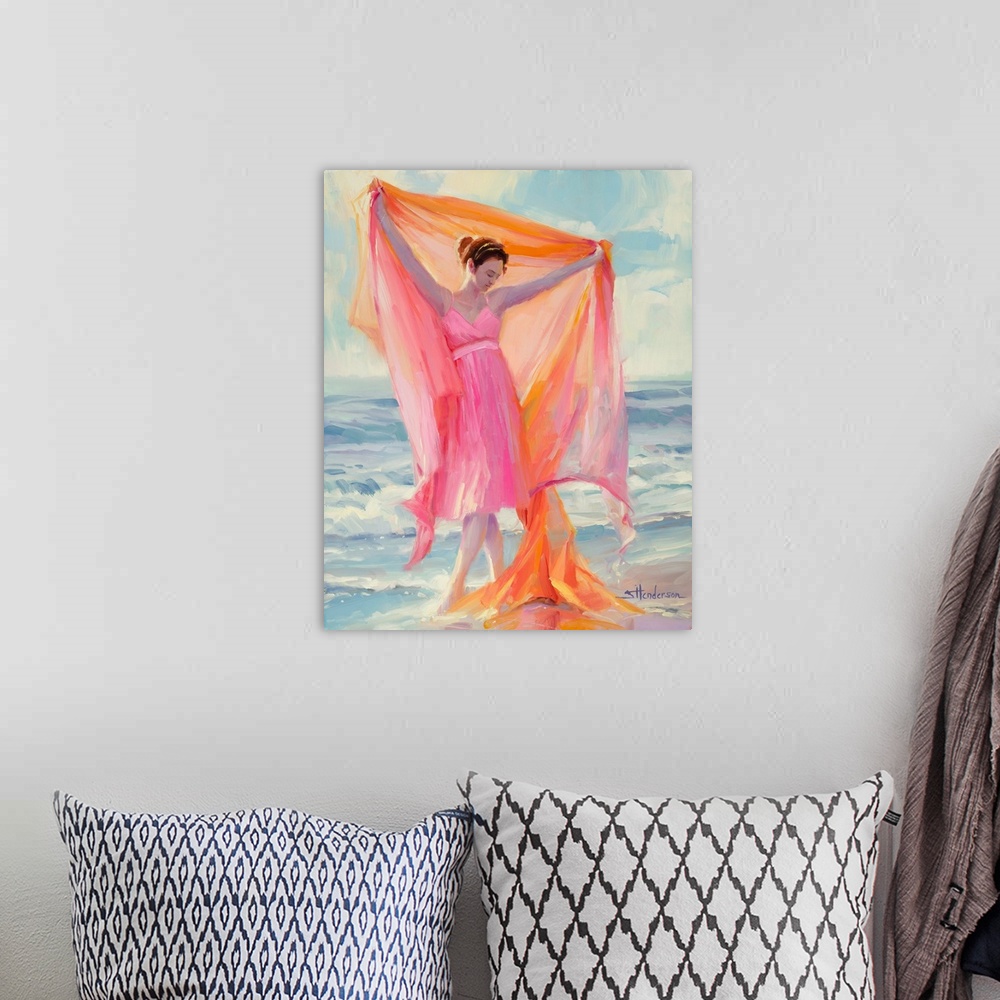 A bohemian room featuring Traditional impressionist painting of a young woman, in a pink dress, dancing barefoot in the oce...