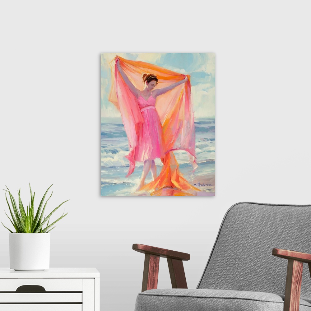 A modern room featuring Traditional impressionist painting of a young woman, in a pink dress, dancing barefoot in the oce...