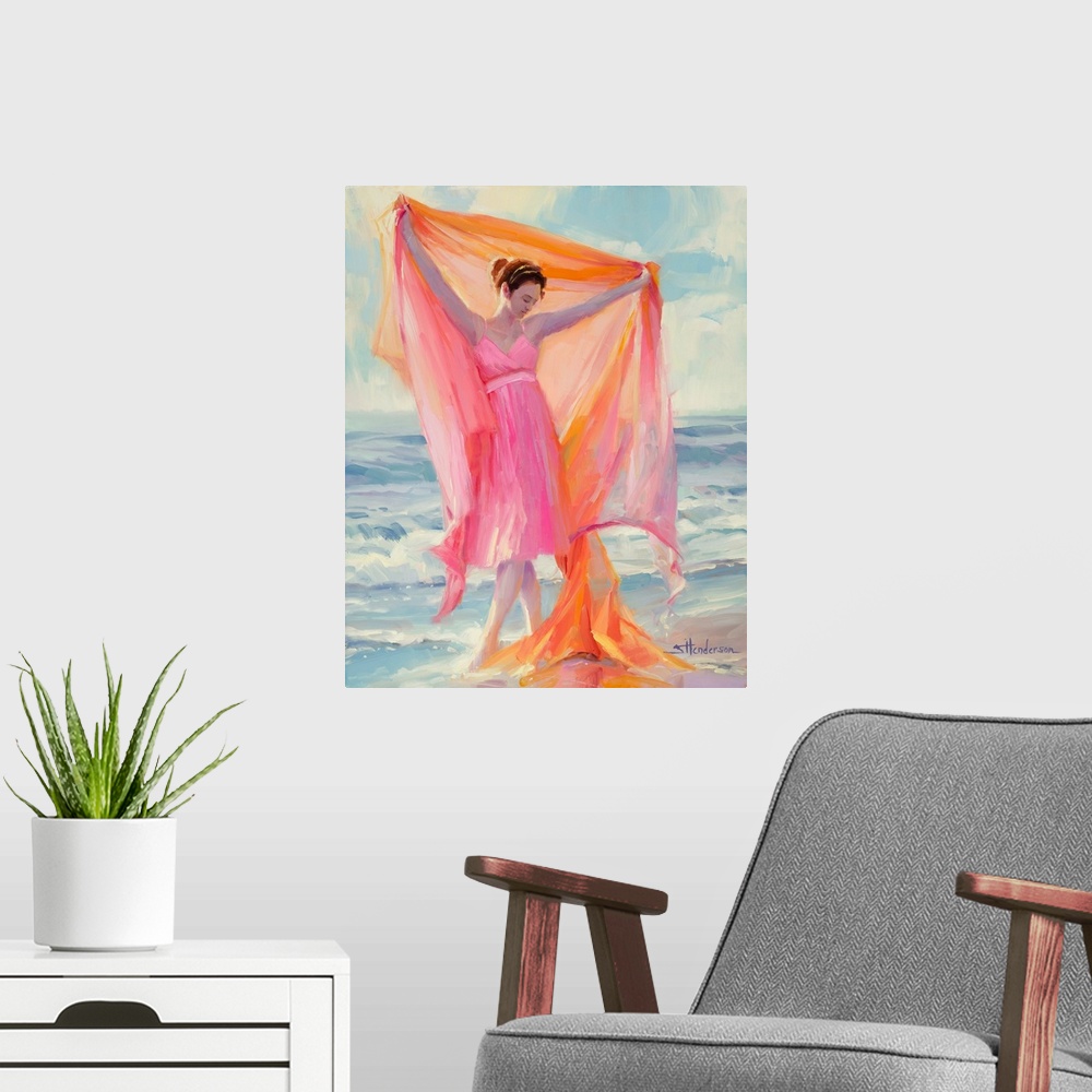 A modern room featuring Traditional impressionist painting of a young woman, in a pink dress, dancing barefoot in the oce...