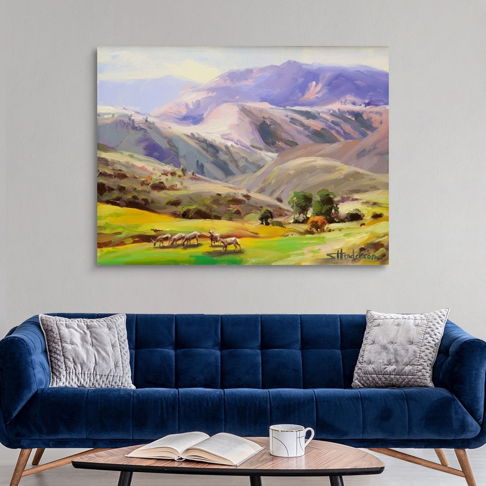 A modern room featuring Traditional impressionist landscape painting of a herd of wild deer grazing on the grass in the I...