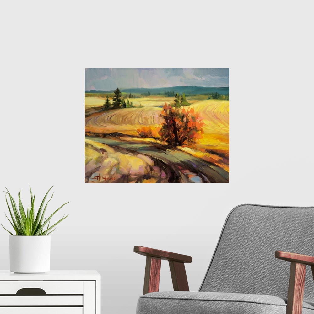 A modern room featuring Traditional impressionist landscape painting of a winding country road, high in the hills of rura...