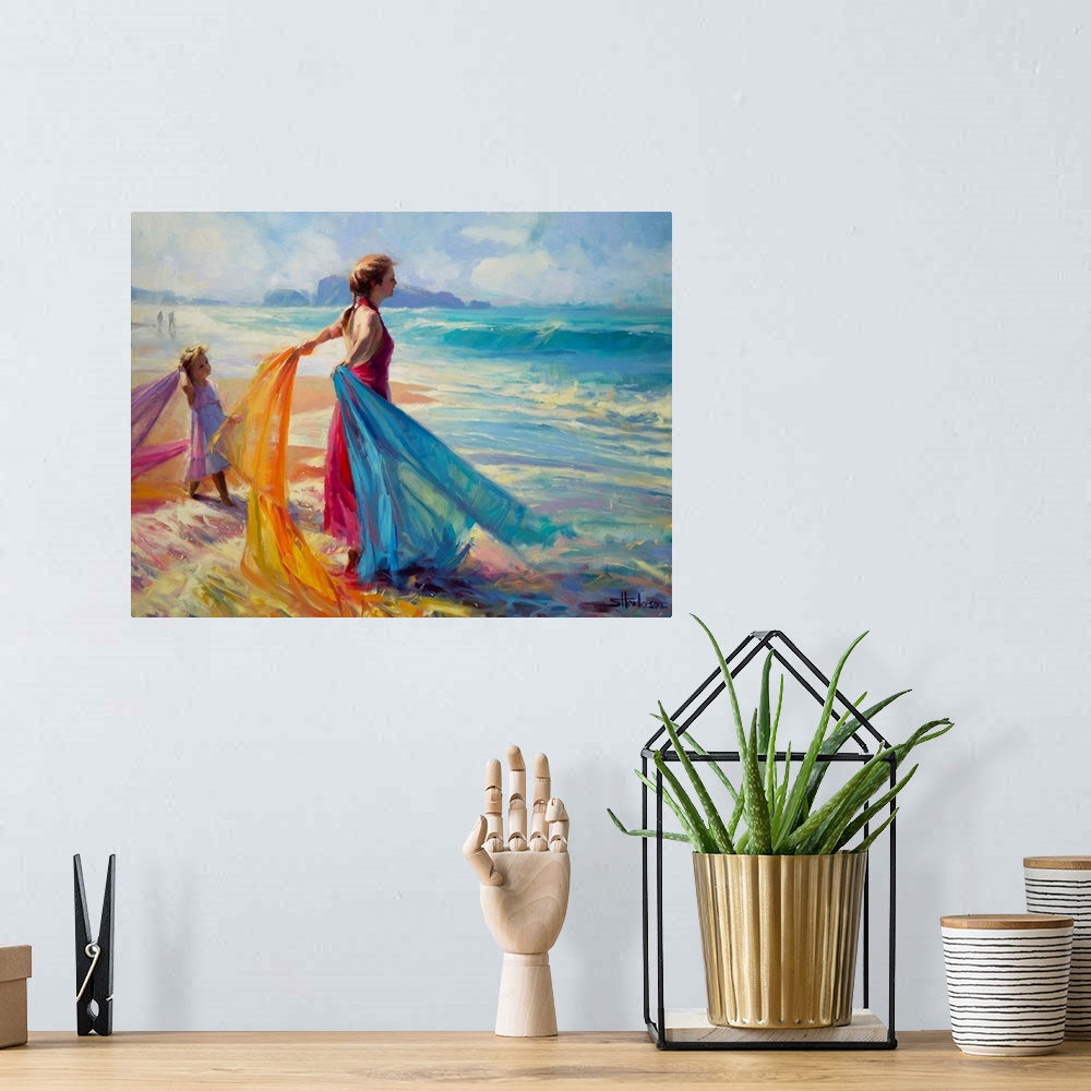 A bohemian room featuring Traditional impressionist painting of a mother and child standing in the ocean surf at the beach,...