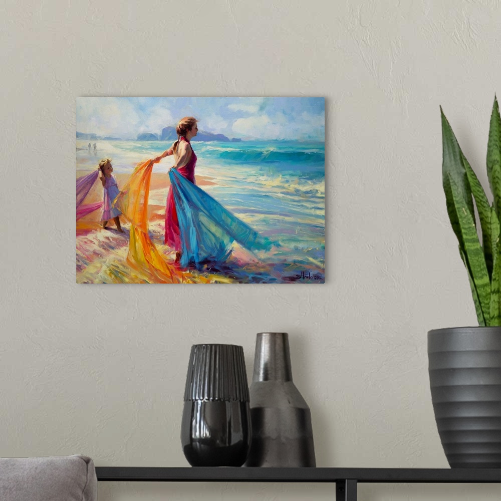 A modern room featuring Traditional impressionist painting of a mother and child standing in the ocean surf at the beach,...
