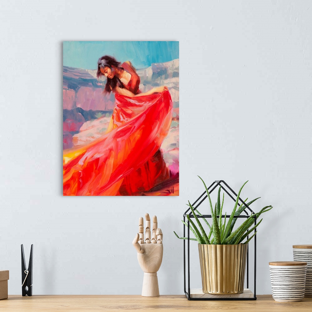 A bohemian room featuring Traditional impressionist painting of an indigenous, Native American woman dancing in the desert....