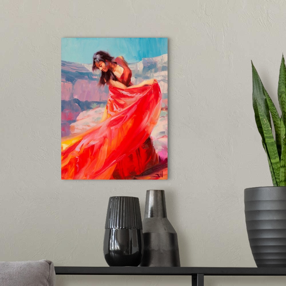 A modern room featuring Traditional impressionist painting of an indigenous, Native American woman dancing in the desert....