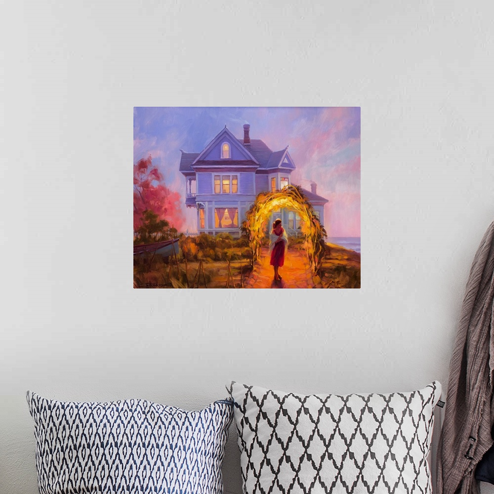 A bohemian room featuring Traditional representational painting with lavender hues of a woman in a shawl, waiting under an ...
