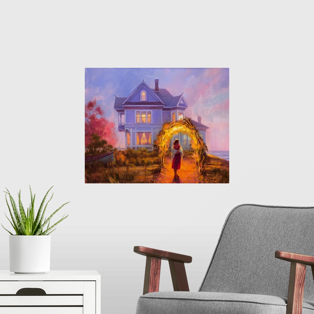A modern room featuring Traditional representational painting with lavender hues of a woman in a shawl, waiting under an ...