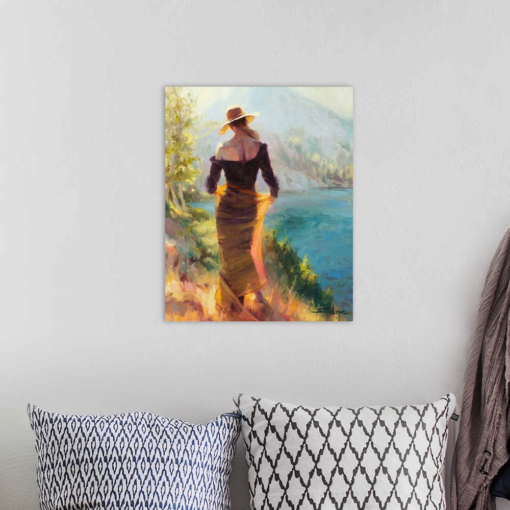 A bohemian room featuring Traditional impressionist painting of an elegant woman standing alongside an alpine wilderness la...