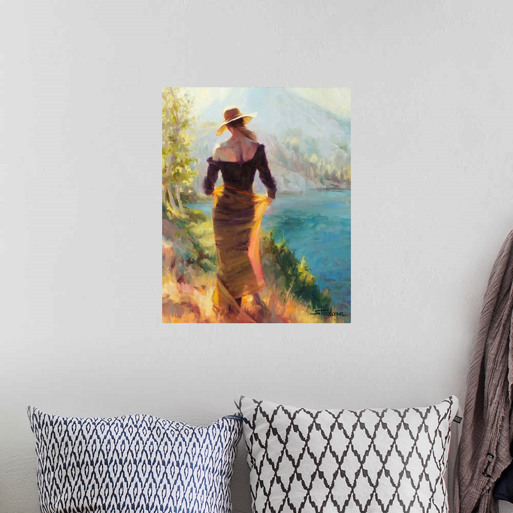 A bohemian room featuring Traditional impressionist painting of an elegant woman standing alongside an alpine wilderness la...