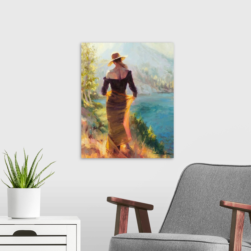 A modern room featuring Traditional impressionist painting of an elegant woman standing alongside an alpine wilderness la...