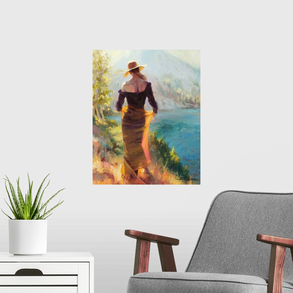 A modern room featuring Traditional impressionist painting of an elegant woman standing alongside an alpine wilderness la...
