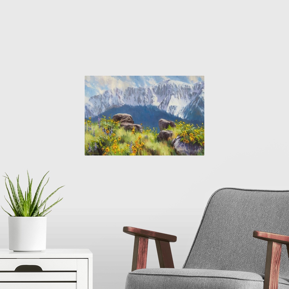 A modern room featuring Traditional representational landscape painting of snow-capped mountains and a sunlit meadow of w...