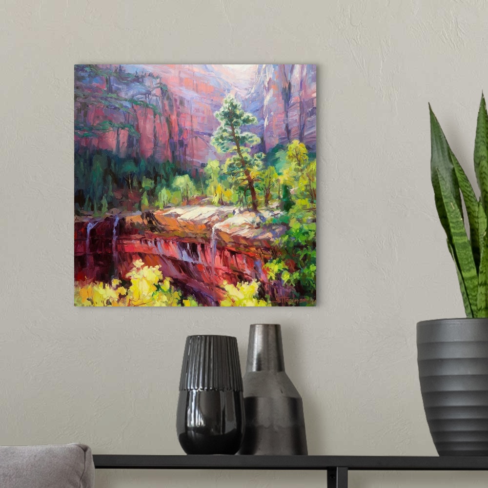 A modern room featuring Traditional impressionist painting of the Emerald Pools at Zion National Park, at twilight just a...