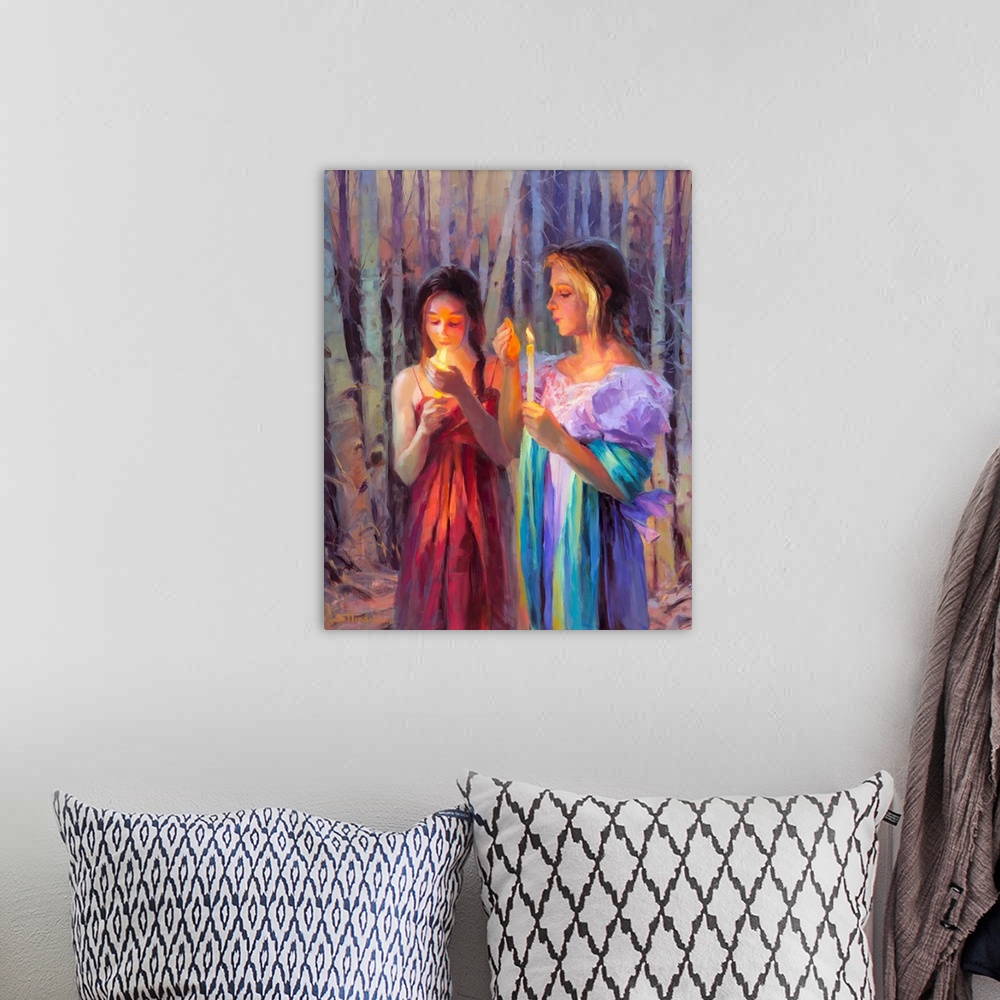 A bohemian room featuring Traditional representational painting of two women holding candles in the midst of a twilight, du...