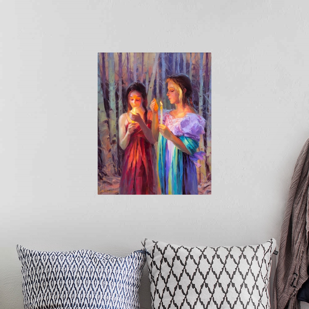 A bohemian room featuring Traditional representational painting of two women holding candles in the midst of a twilight, du...