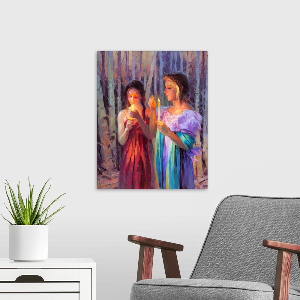 A modern room featuring Traditional representational painting of two women holding candles in the midst of a twilight, du...