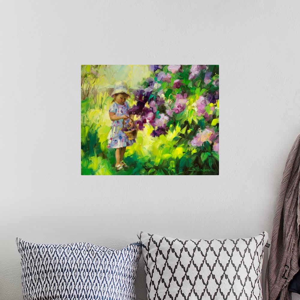 A bohemian room featuring Traditional representational painting of a toddler girl in a green country field, picking lilacs ...