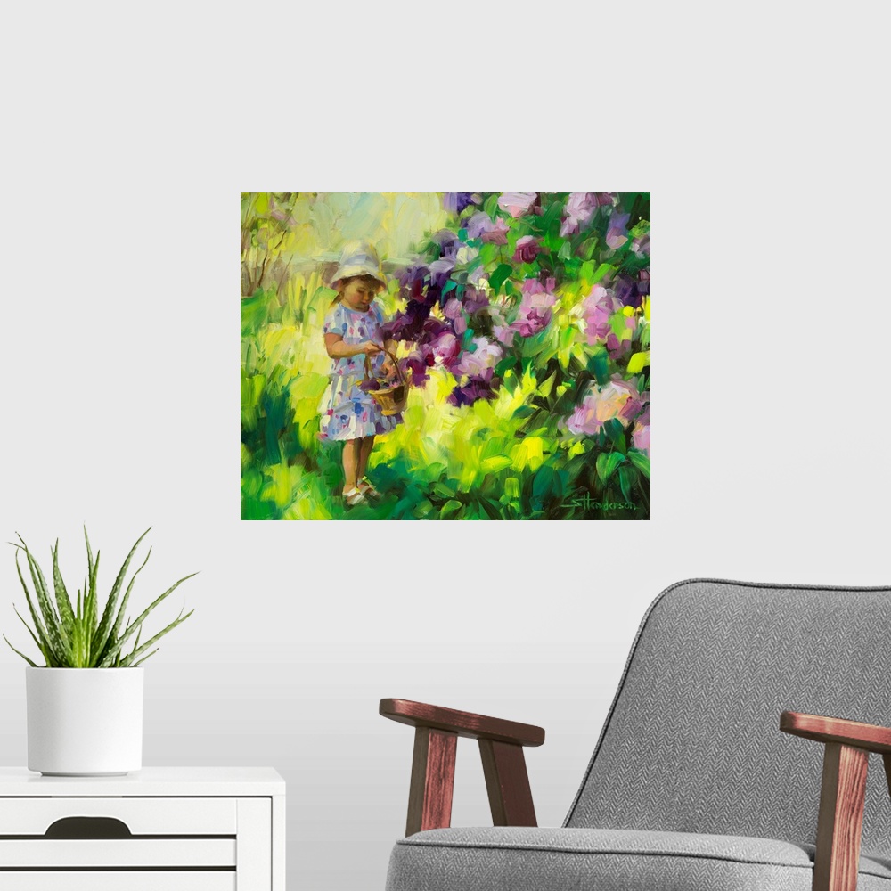 A modern room featuring Traditional representational painting of a toddler girl in a green country field, picking lilacs ...