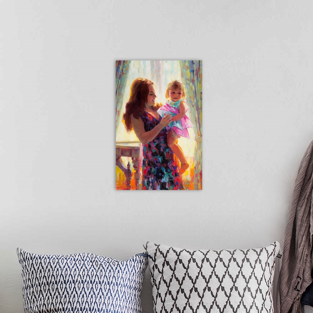 A bohemian room featuring Traditional representational painting of a mother holding her toddler daughter, inside a nostalgi...