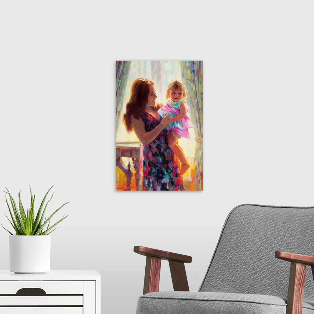 A modern room featuring Traditional representational painting of a mother holding her toddler daughter, inside a nostalgi...