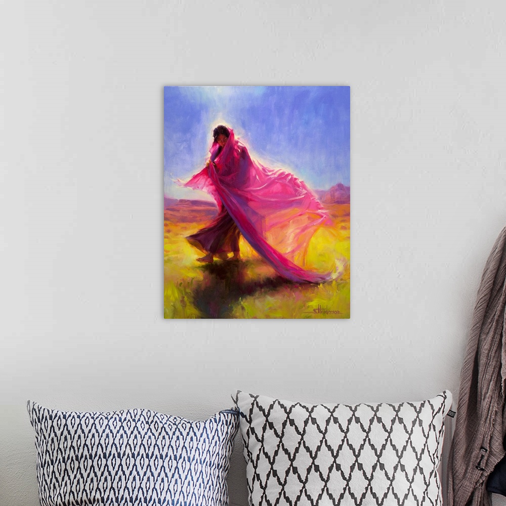 A bohemian room featuring Traditional impressionist painting of an indigenous, Native American woman dancing in the desert,...