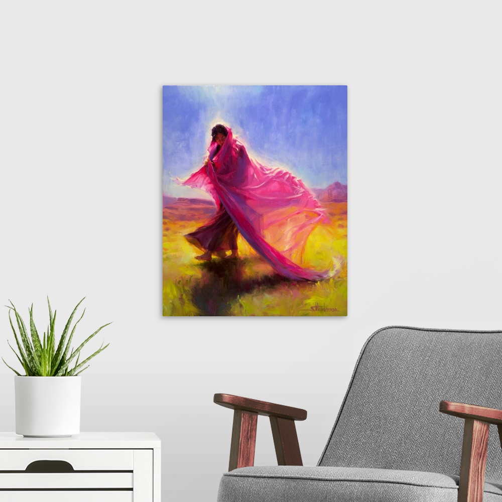 A modern room featuring Traditional impressionist painting of an indigenous, Native American woman dancing in the desert,...