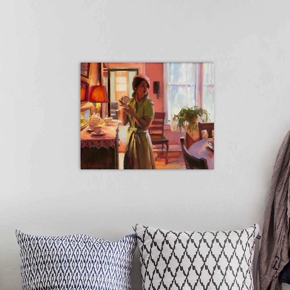 A bohemian room featuring Traditional representational nostalgic painting of a woman at the buffet sideboard, drinking a cu...